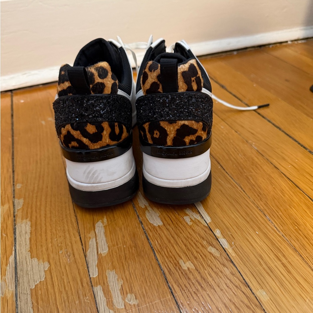 Michael Kors White and Black Sneakers with Leopard Accent - Picture 3 of 7